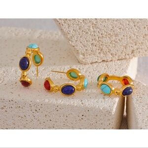LALA JEWELRY  Natural Stone Hoop Earrings  Vintage Colorful PVD 18k Plated